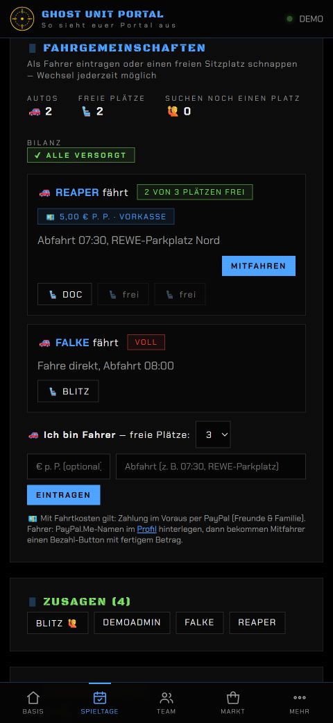 Fahrgemeinschaften planen auf dem Handy — Airsoft Team Portal