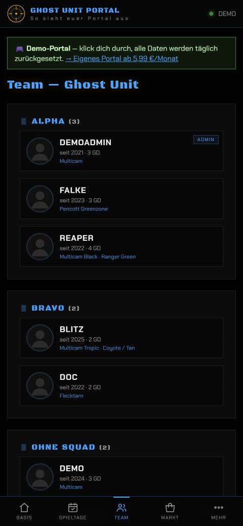 Das Team kennenlernen auf dem Handy — Airsoft Team Portal